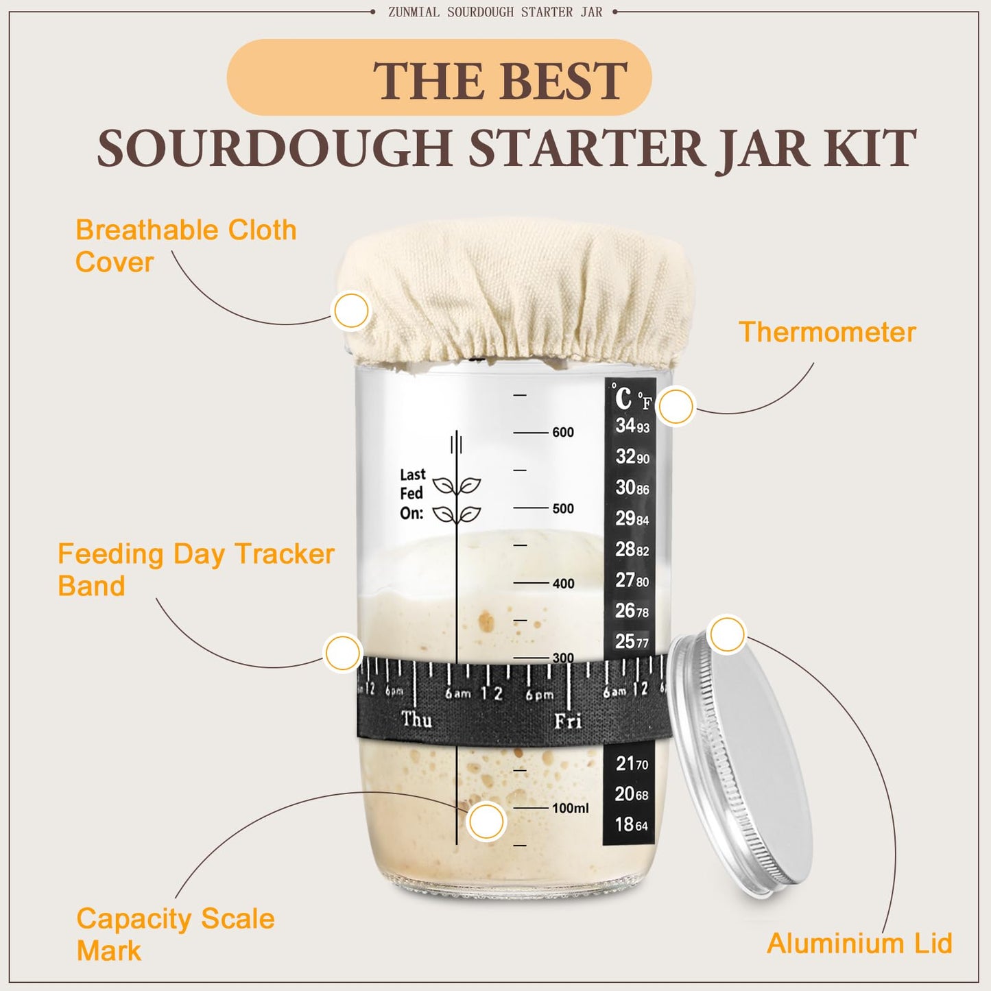 Zunmial Sourdough Starter kit, 34OZ Sourdough Starter Jar with Date Marked Feeding Band, ThermometerCloth Cover & Metal Lid, Reusable Sourdough Bread Baking Supplies, Home Baking Gifts