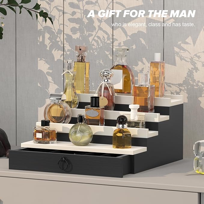 upcessory Cologne Organizer for Men, 4 Tier Black Wood Perfume Organizer with Felt Lining Drawer and Hidden Compartment, Perfume Display Holder, A Gift for Men