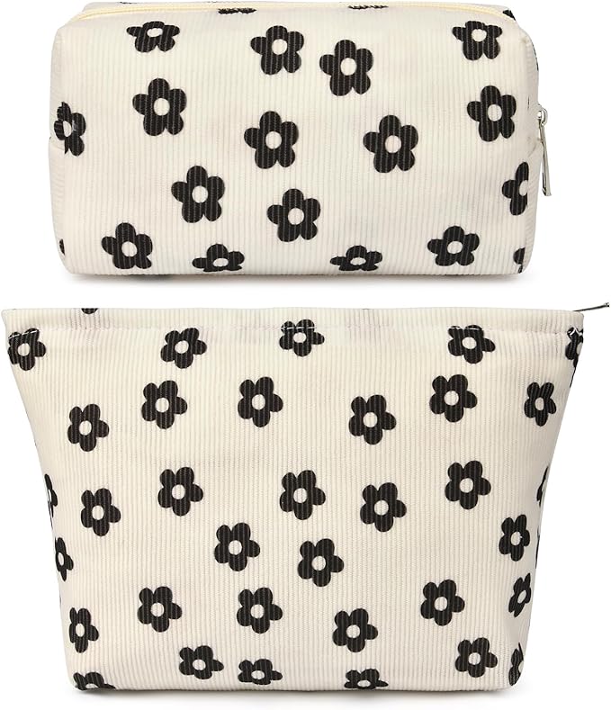 SOIDRAM 2 Pcs Makeup Bag Large Cosmetic Bag Toiletry Bag Makeup Pouch Travel Bag Organizer Cute Makeup Brushes Aesthetic Accessories Storage Bag for Women Black Floral Corduroy
