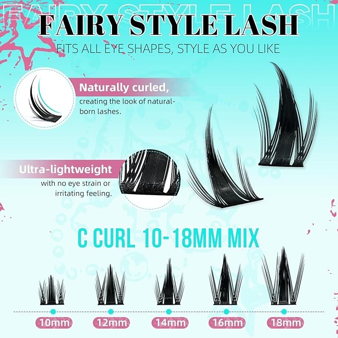 Lash Clusters Kit 160PCS Fairy Eyelash Clusters Kit with Lash White Bond and Seal,Eyelash Glue Remover and Applicator, Manga Eyelashes Wide Stem Cluster Eyelashes Extensions Kit(Lily,C-Mix10-18mm)