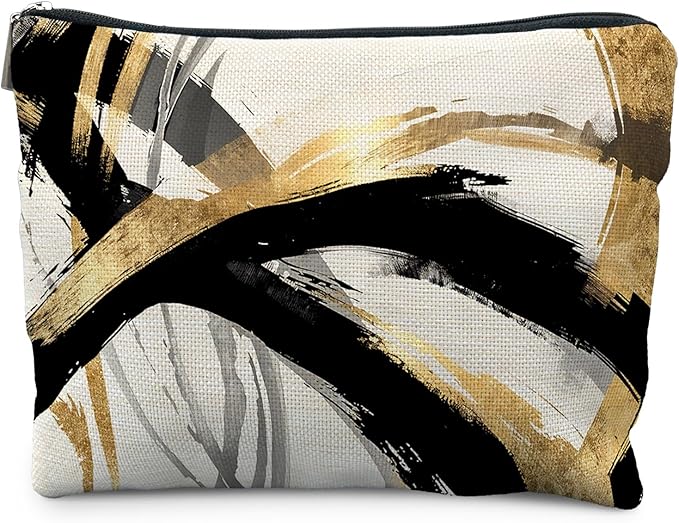 Abstract Black and Gold Makeup Bag, Boho Black White and Gold Cosmetic Bags for Women, Boho Gifts for Women, Mid Century Modern Zipper Makeup Pouch