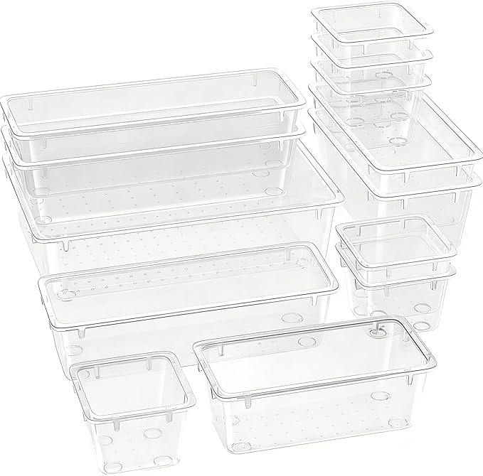 Clear Acrylic Drawer Organizer Trays, 5 Size Junk Box Organization Small Storage Container Bin for Desk Makeup Bathroom Vanity Kitchen Tool Make Up Workspace Home Dorm Apartment Office Room Nightstand