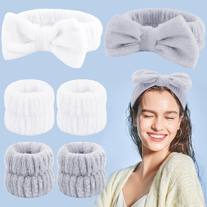 VELSCRUN Spa Headband, Makeup Face Wash Skincare Headbands, Bow Hair Band Party Favors for Washing Face, Stocking Stuffers For Women Teen Girls Christmas Gifts Hair Accessories Gray White