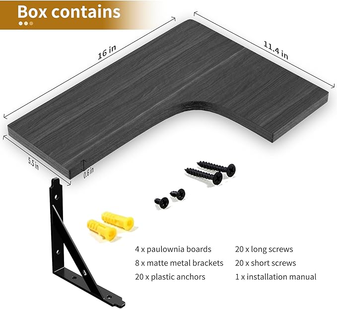 ROMGUAR CRAFT Corner Floating Shelves Wall Mounted Set of 4, Rustic Wood Storage Display Shelves for Home Decor, Bathroom, Kitchen, Bedroom, Living Room, Office (Black)