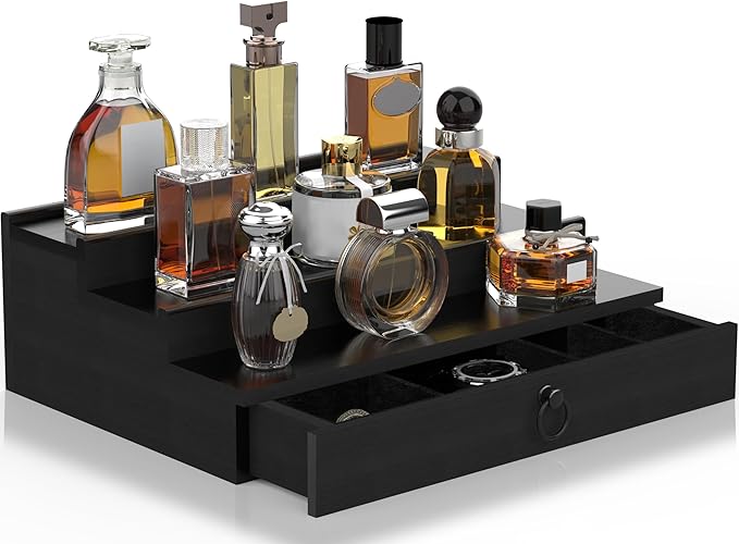 upcessory Cologne Organizer for Men, 3 Tier Wood Perfume Organizer with Felt Lining Drawer and Hidden Compartment, Black Perfume Display Holder, A Gift for Men