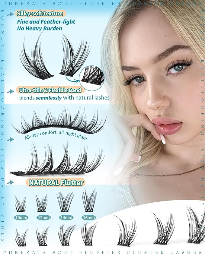 PHKERATA Eyelash Clusters Natural Lash Clusters Eyelash Extensions 240Pcs Wispy Cluster Lashes 10-16mm Lash Extension DIY Soft C Curly Individual Lashes with Thin Lash Band