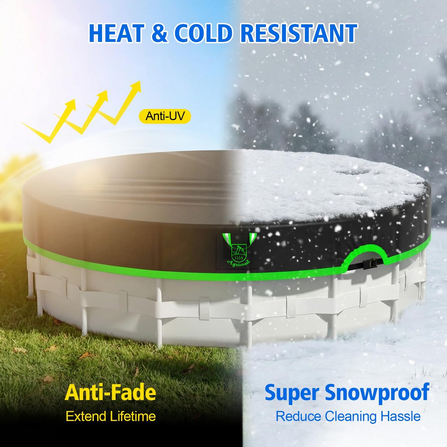 Agricasst 14ft Round Pool Cover, 420D Heavy Duty Above Ground Pool Cover with Sturdy Strap Ratchet Tensioner & Reflective Handles, Enhance Windproof, Side Seamless Tear Resistant, Weather Protection