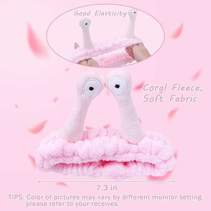 Jowmoy Cute Pink Snail Headband Frog Eye Elastic to Wash Face for Women Makeup Shower Spa.