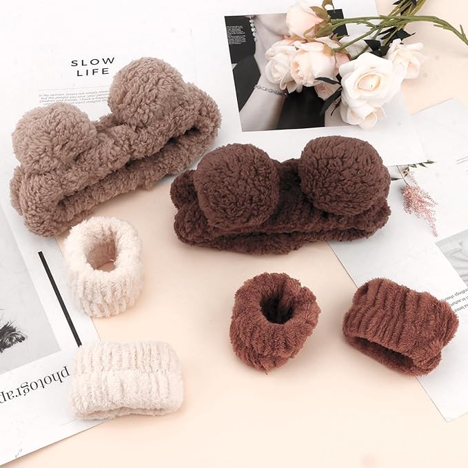 Bear Ears Spa Wristband Set - Cute Animal Skincare Headband for Washing Face - Fluffy Elastic Face Wash Hair Band for Women & Girls - Trendy Brown
