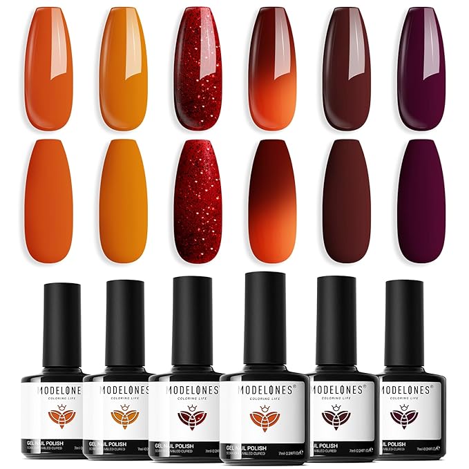 modelones Gel Nail Polish Set, 6 Colors Winter Brown Maple Burnt Orange Maroon Burgundy Red Glitter Gel Polish Cherry Mocha Turkey Pumpkin Color Changing Nail Polish LED Gift