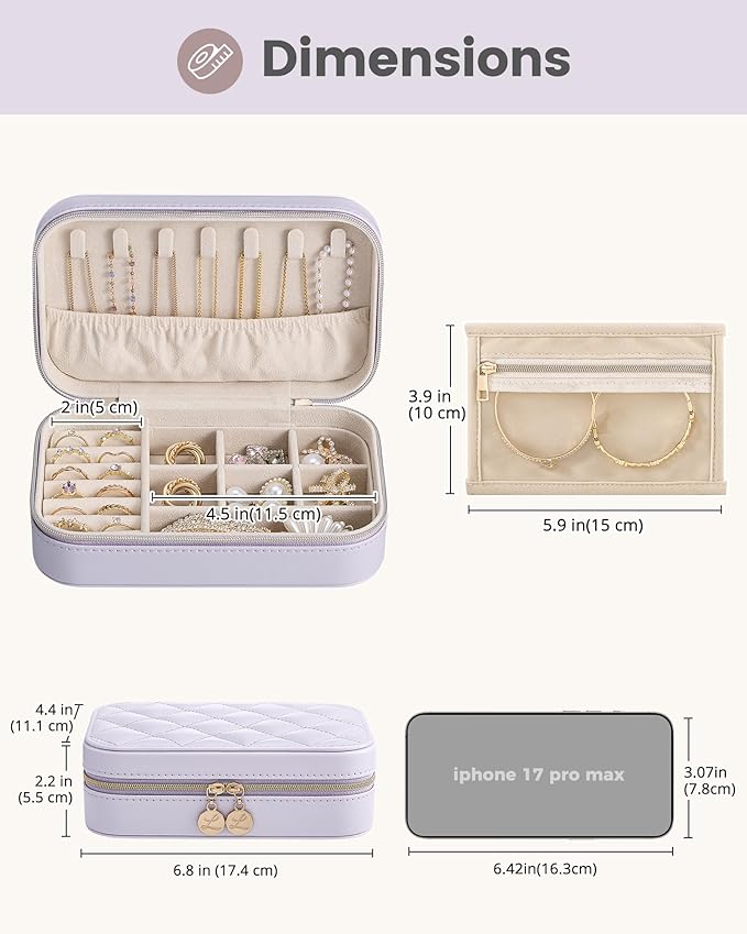 Lolalet Travel Jewelry Case for Women Girls, Travel Jewelry Organizer with Clear Storage Bag Small Portable Jewelry Box for Necklace Bracelet Earring Ring Birthday Bridesmaid Gifts -Medium/Purple