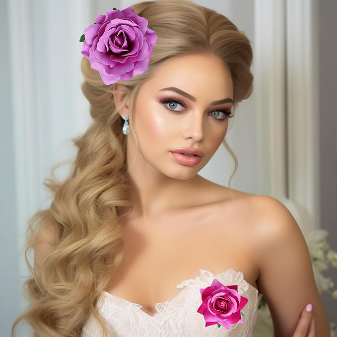 Rose Hair Clip Flower Hairpin Brooch Floral Clips, 4 Pcs Fabric Rose Flowers Hair Clips Mexican Hair Flowers Pin up Headpieces for Woman Girl Wedding Party Mother's Day (Light Purple)