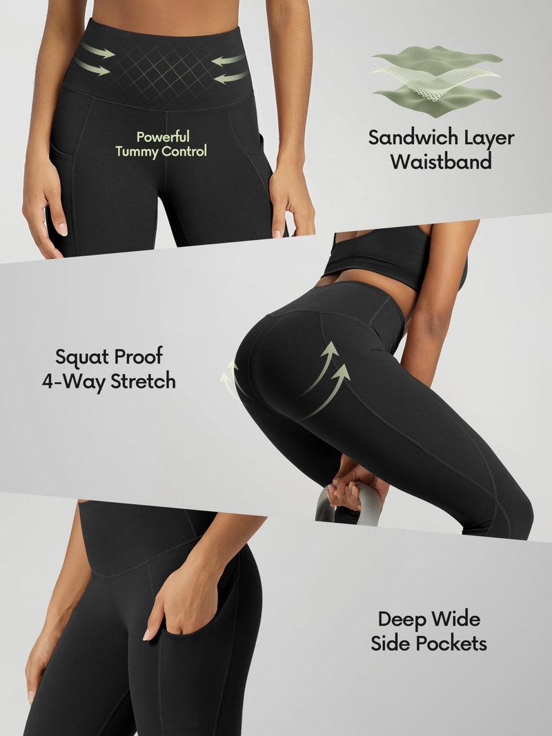 ODODOS Women's Knee Length High Waisted Yoga Capri Leggings with Pockets, Workout Running Sports Athletic Yoga Capris, Black, Large