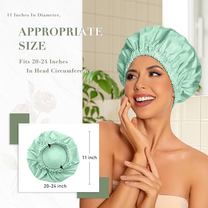 Reusable Shower Cap for Women, Large Waterproof Shower Bonnet with Elastic Band, Washable Bath Hair Cap for Long, Curly Hair, Braids, Daily Shower, Home Spa, Travel(Green Bean)