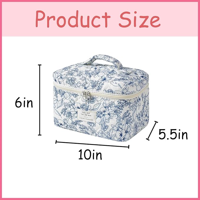 uekeboag Large Travel Quilted Makeup Bag for Women, Floral Cotton Cosmetic Bag, Coquette Aesthetic Floral Toiletry Organizer Bag