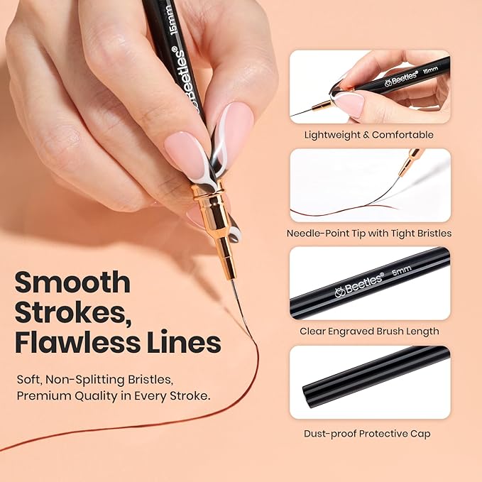 Beetles Liner Brushes for Nails 5pcs - Metallic Nail Art Brushes Black Nail Art Pens Liner Sizes 5/9/15/20/25mm with Palette Holder Painting Manicure Design Tools for Long Lines, Details, Fine Drawing