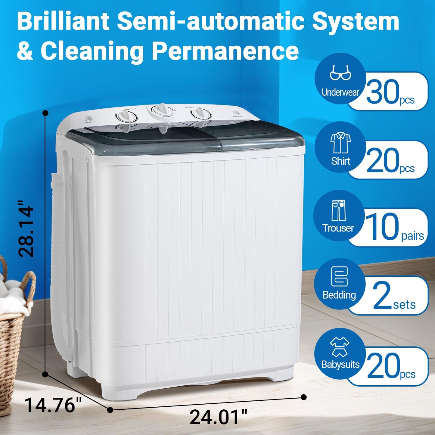 Portable Mini Twin Tub 22Lbs Washing Machine with Drying Rack & 10 Hangers, Washer(13Lbs) and Spinner(9Lbs) Combo with Timer Knob, Compact Semi-automatic Laundry Washer for Home Dorm Apartment, Black