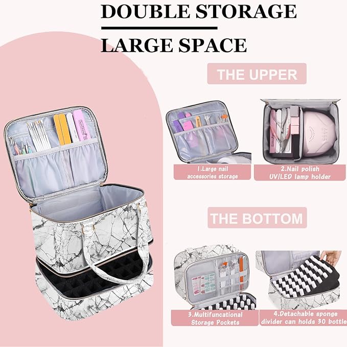 Nail Polish Organizer Case - Holds 30+ Bottles (15ml/0.5 fl.oz) and 1 Nail Lamp, Upgraded Double-layer Nail Polish Carrying Case Nail Polish Storage Bag with Handles (WHITE)