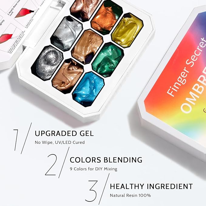 Chrome Metallic Gel Polish Set, Reflective Glitter Golid Silver Brown Blue Green Sparkle, 9 Colors Ombre Patting Gel Nail Polish Palette 100Sponges 6Brushes 1Grabber, No Wipe UV/LED Cured (Set 13)