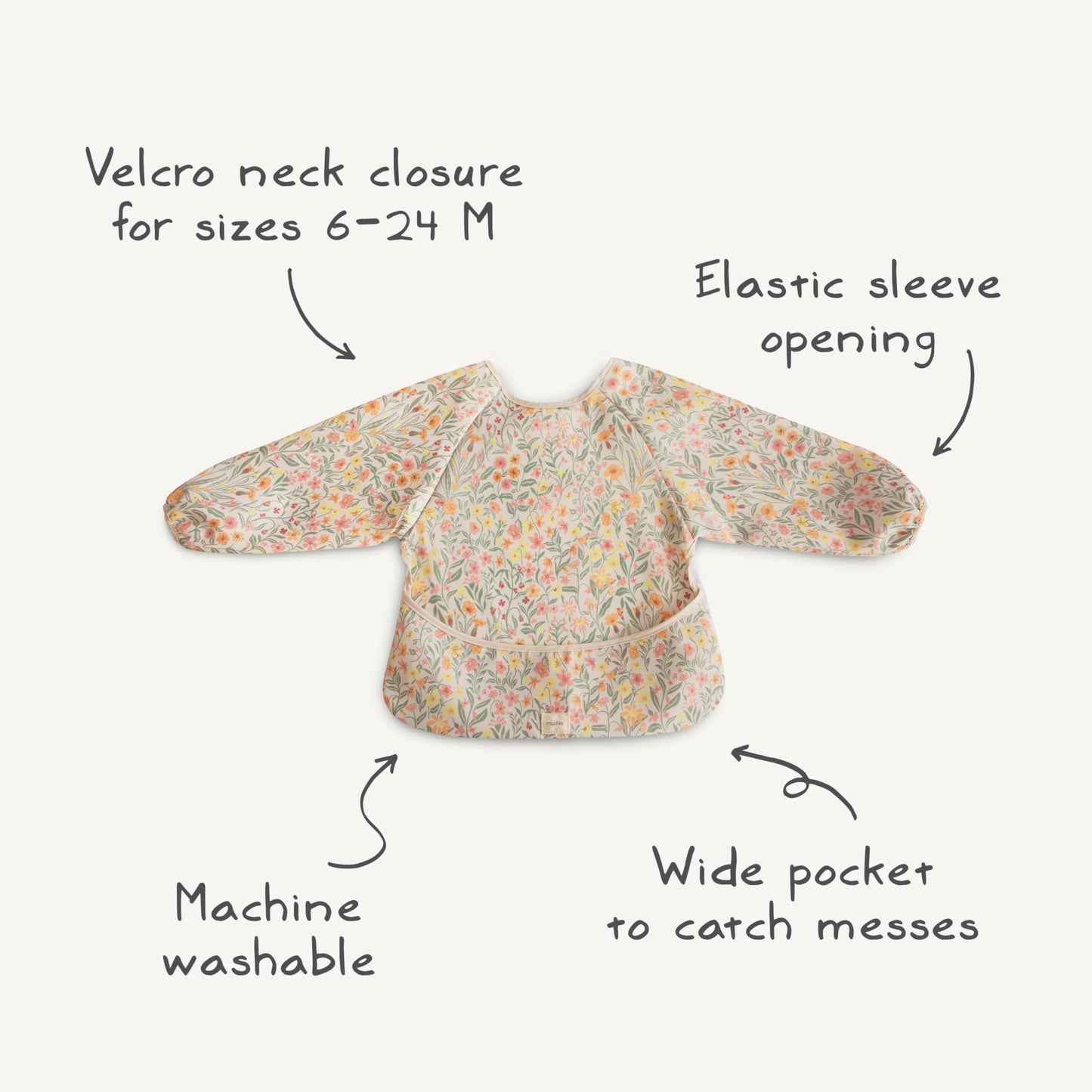 mushie Long Sleeve Baby Bib | Water Resistant Adjustable Fit for Ages 6-24 Months (Happy Flowers Check)