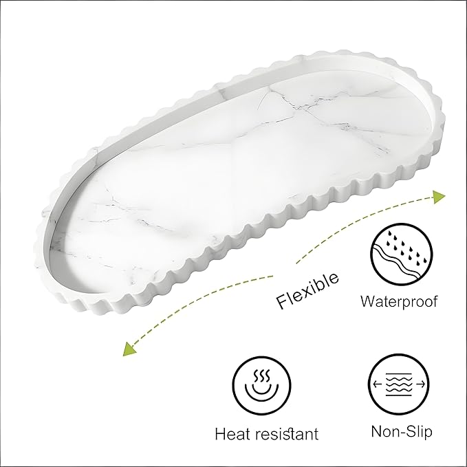 Silicone Vanity Tray Organizer 12"x5.3" White Marble Lace Edge for Countertop Catchall for Perfume Candles Jewelry Dish Perfume Trays for Vanity Bathroom Decorative Tray for Kitchen Counter