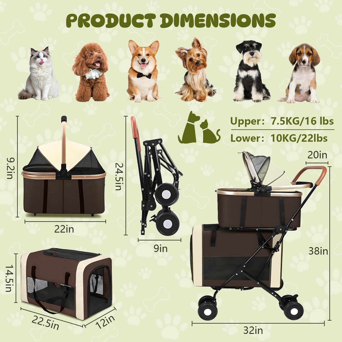 Beuway Double Pet Stroller for Dogs and Cats, One-Step Folding Dog Stroller Travel Carriage for Small Medium Dogs Cats, 2 Detachable Carrier Bags, 4 Lockable Wheels (Brown)