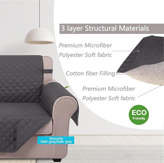 U-NICE HOME Loveseat Sofa Cover Reversible Couch Cover for Dogs with Elastic Straps Water Resistant Furniture Protector for Pets Couch Cover for 2 Cushion Couch (Loveseat, Dark Grey/Dark Grey)