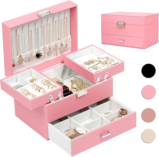 Dajasan Jewelry Organizer Box, Large Jewelry Boxes for Women Girls, Compact 3 Layers Jewelry Storage Case with Drawer, Gift Idea, Movable Metal Stand, Modern (Pink)
