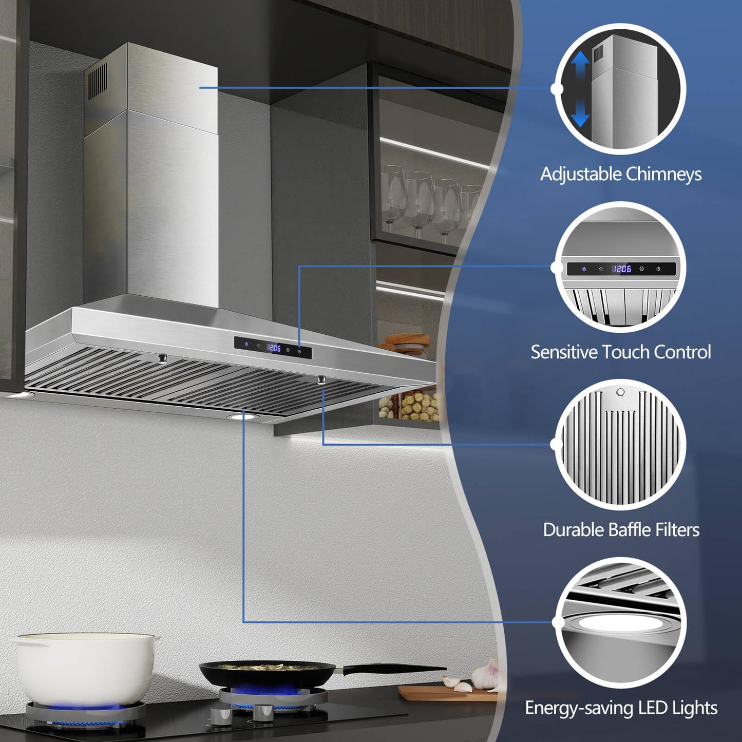 SNDOAS Range Hood 30 inches,Stainless Steel Wall Mount Range Hood,Vent Hood 30 inch w/Touch Control,Ducted/Ductless Convertible,Chimney-Style Over Stove Vent Hood,Kitchen Hood,Baffle Filters