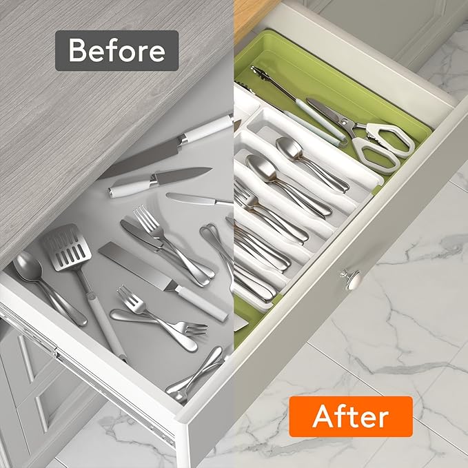 Lifewit Silverware Drawer Organizer, Expandable Utensil Tray for Kitchen, BPA Free Flatware and Cutlery Holder, Adjustable Plastic Storage for Spoons Forks Knives, 13-22 x 15", Green&White