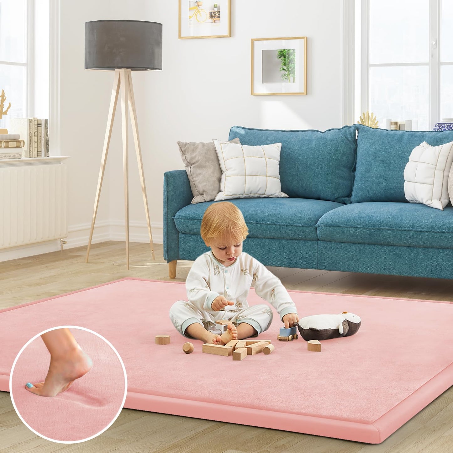 ILPEOD Baby Play Mat for Floor Nursery Rug Muscle Mat Area Rug Playroom Rug 65"x50" Playpen Mat Memory Foam 1.3" Thick Crawling Mat for Babies,Toddlers, Infants, Kids,Light Pink