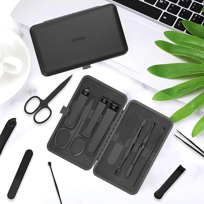 Precision 8 Pieces MenÃ¢ÂÂs Nail Grooming Travel Kit, Stainless Steel Manicure Set with Fingernail & Toenail Clippers, Nail File, Slant Tip Tweezers, Cuticle Scissors, Cuticle Pusher, Travel Case