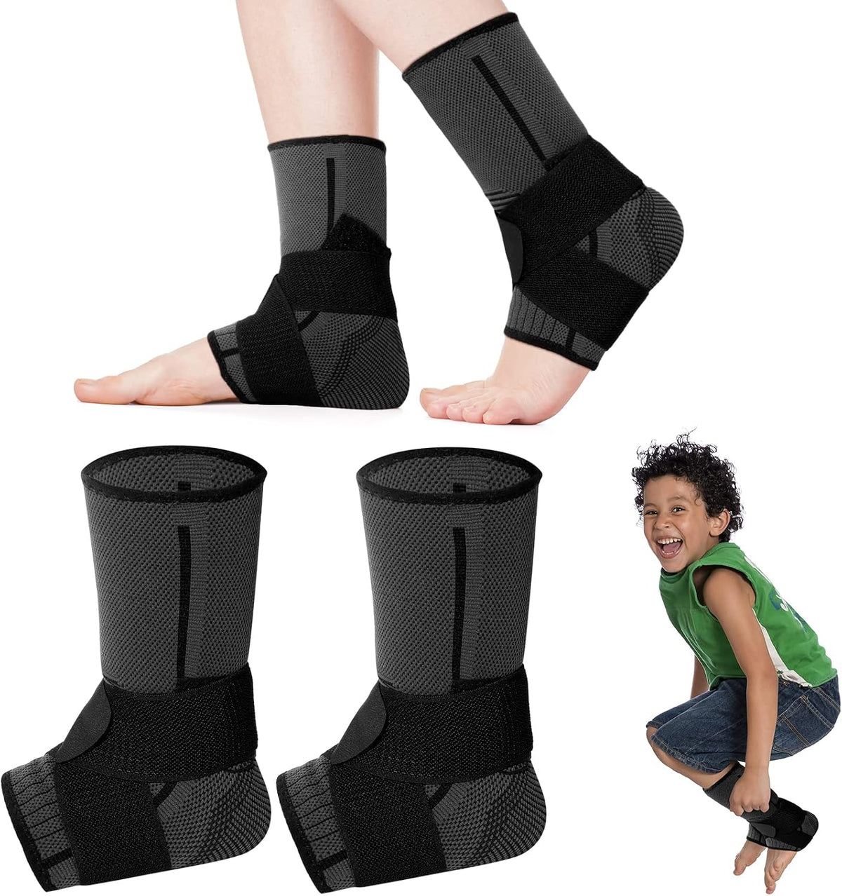 Tarpop 1 Pair Ankle Brace for Kids Compression Ankle Sleeves Adjustable Foot Support Brace Elastic Guard for Children Boys Girls Sports Running Jogging Dance Fitness Gymnastics(Black,X-Small)