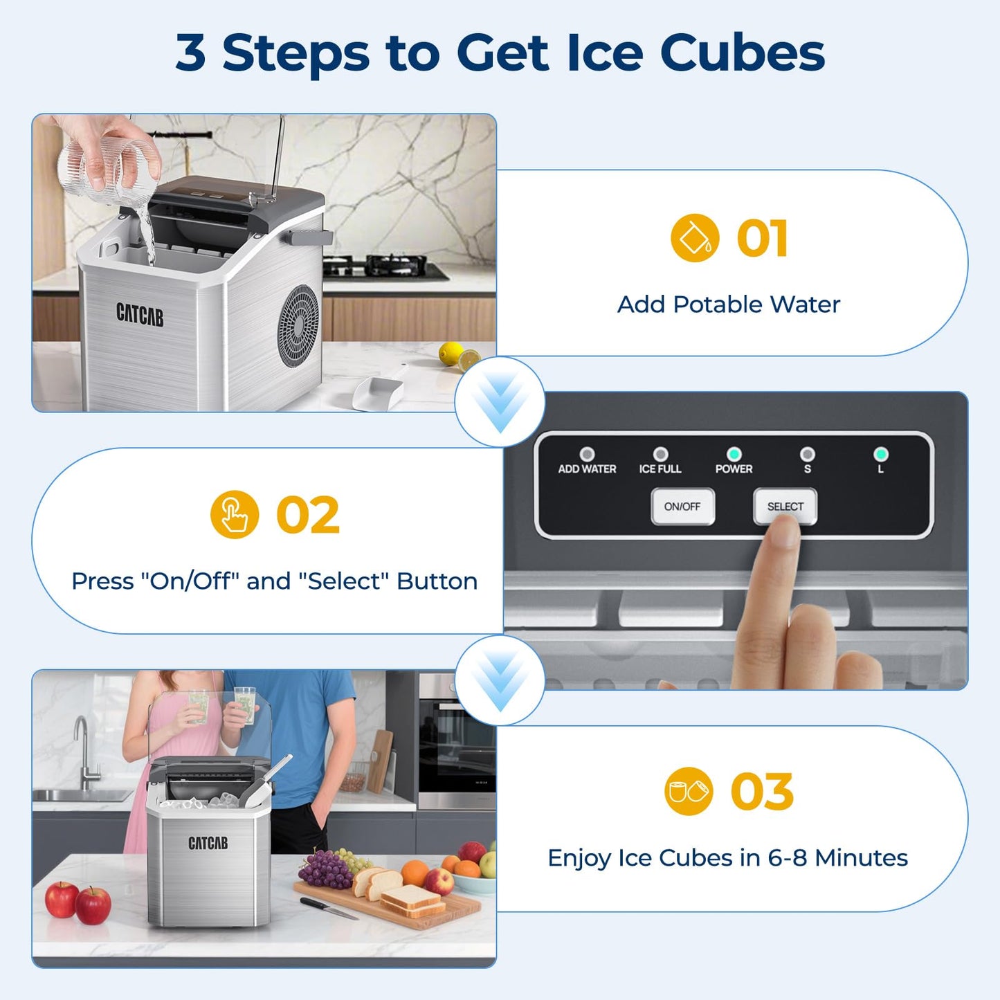 Ice Makers Countertop with Handle, 9 Ice Cubes in 6 Mins, 26.5Lbs/24H, 2 Sizes of Bullet Ice, Portable Ice Maker Machine with Self-Cleaning, for Home Kitchen Party RV Camping, Stainless Steel Silver