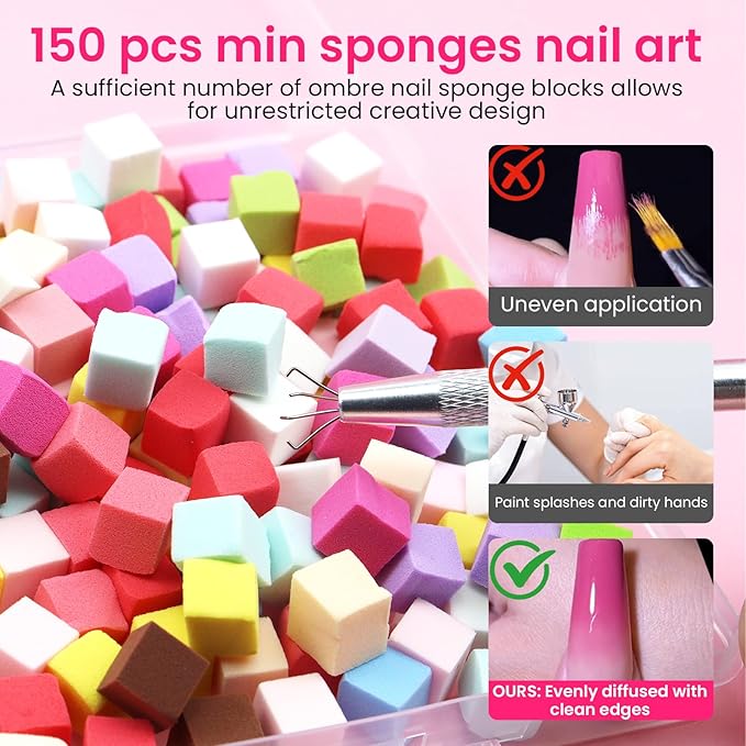 150 PCS Nail Sponges For Ombre Nail Art Supplies Brushes Design Tools Nail Tech Must Haves Accessories With 1 PCS Grab Pen for Salon And Home (Colorful, Medium Pack)