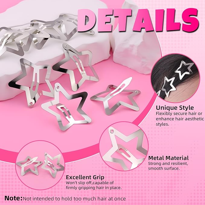 16 PCS Silver Star Hair Clips, 1.57 Inch Y2K Accessories Snap Hair Clips, Non-Slip Small Star Barrettes Accessories for Girls Women, Mini Metal Fashion Cool Ornament Set for Rave Decor