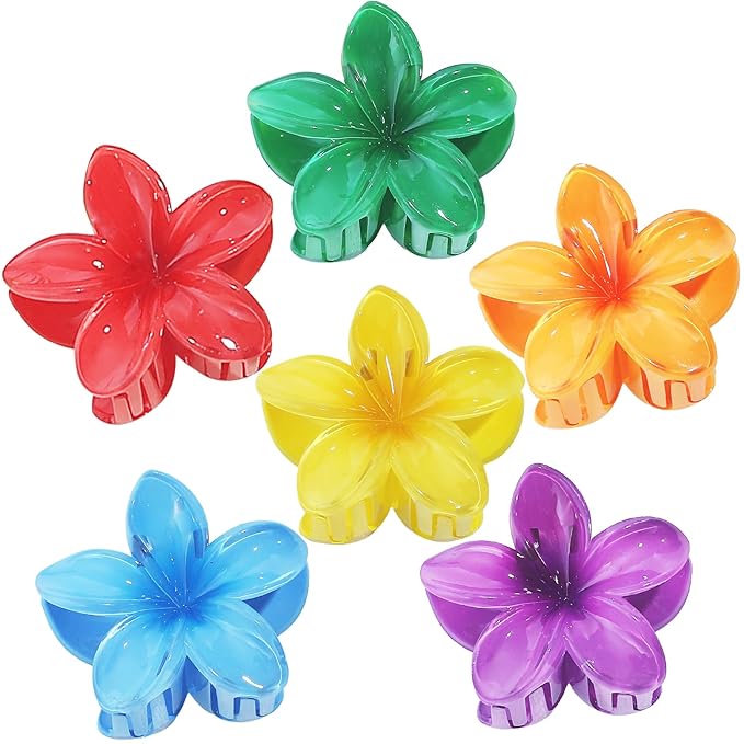 Flower Hair Clips for Women 6 Pcs Hawaiian Large Claw Clips Plumeria Medium Hair Claw Clips for Thick Thin Hair Hibiscus Tropical Beach Hair Accessories for Women Girls and Girls-Dark Color