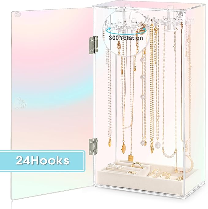 Cirhy Iridescent Acrylic Necklace Holder, Necklace Organizer with 24 Rotatable Hooks, Rainbow Jewelry Organizer Display Box with Velvet Tray for Long Necklaces Pendant Bracelets Rings Earrings