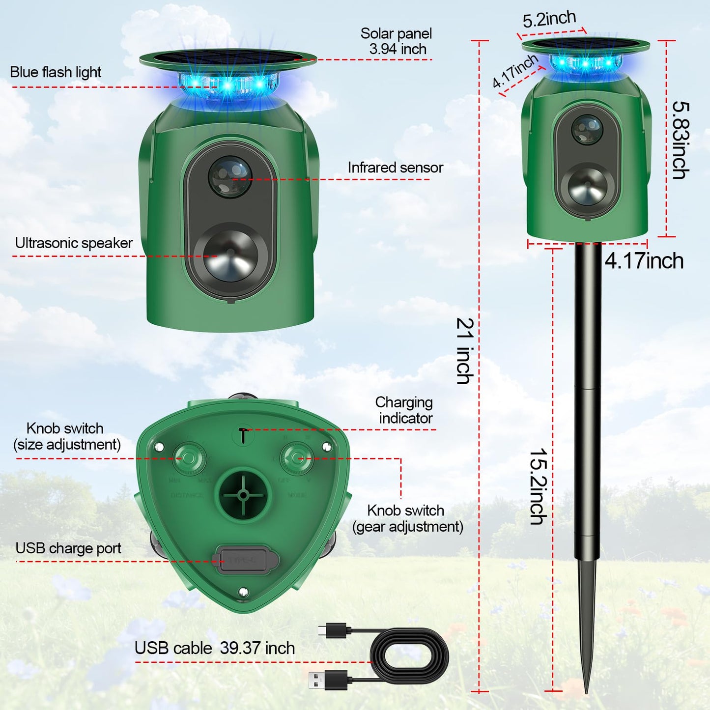 Ultrasonic Animal Repeller Outdoor - Cat Repellent & Deer Deterrent with PIR Sensor & Solar Powered,360° Protection Against for Squirrels, Dog, Deer, Raccoons, Skunks, Rabbits in Garden,Yard, Farm