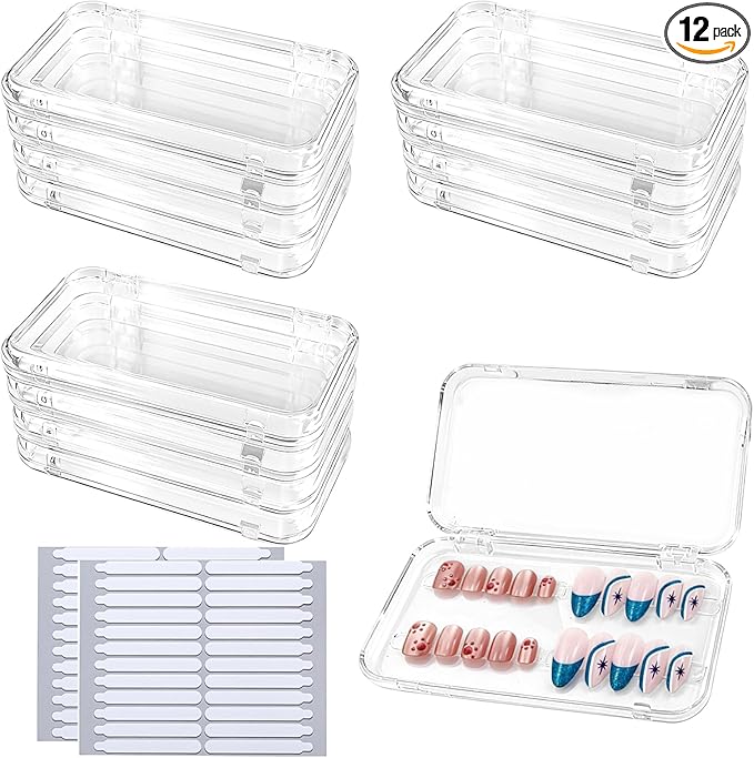 Press on nail storage Large Acrylic Nail Storage Box - Portable Versatile Organizer for Press - On Nails, Jewelry and More with 90 Pcs Adhesive Double Sided Tape 12 PCS