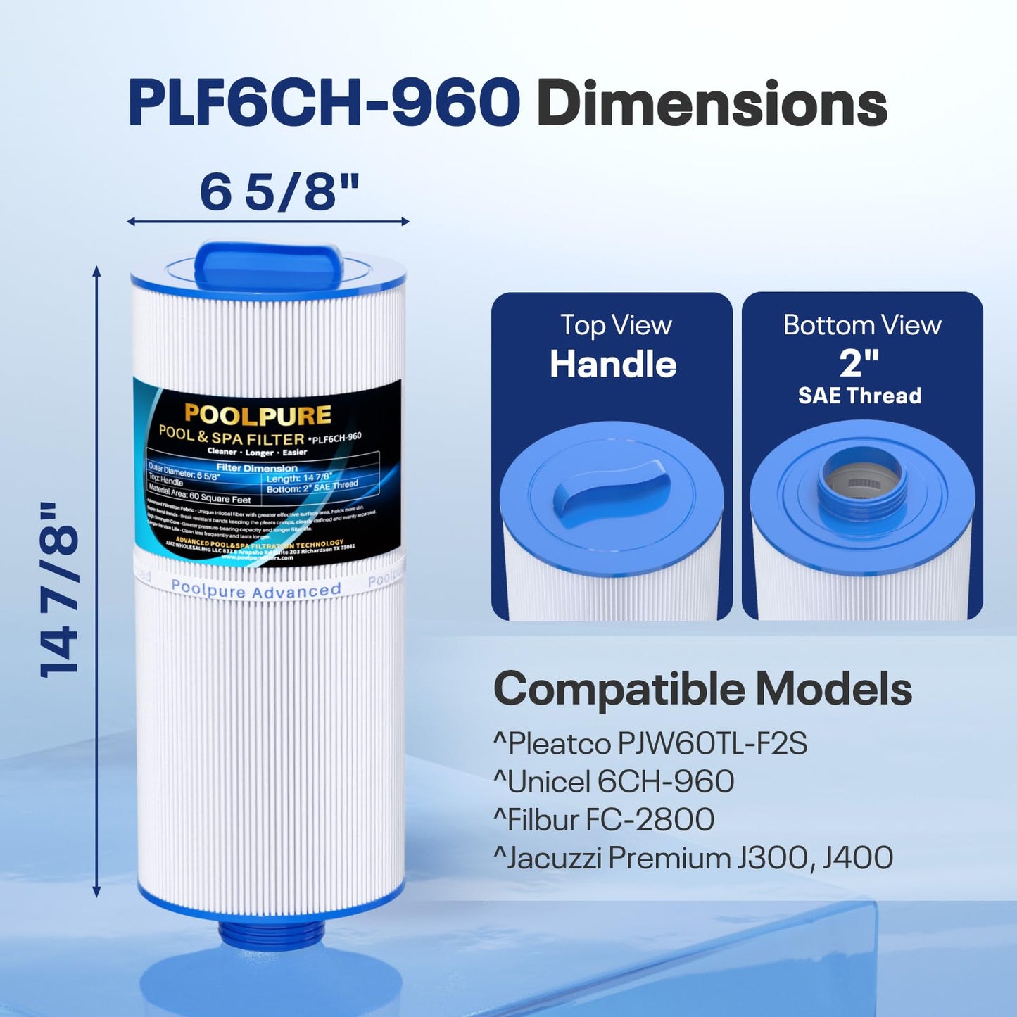 POOLPURE J300 Spa Filter Replaces PJW60TL-F2S, Jacuzzi Filters J-300, J400, Unicel 6CH-960, Filbur FC-2800, 6540-476, 6540-383, Hot Tub Filter with Closed Handle(Not be Removed) 2 Pack