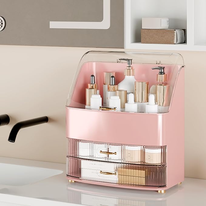 Makeup Organizer Countertop Vanity with Transparent Lid Drawers Waterproof Dustproof Cosmetic Skincare Bathroom Storage Gift for Women Teens Girls (Pink)