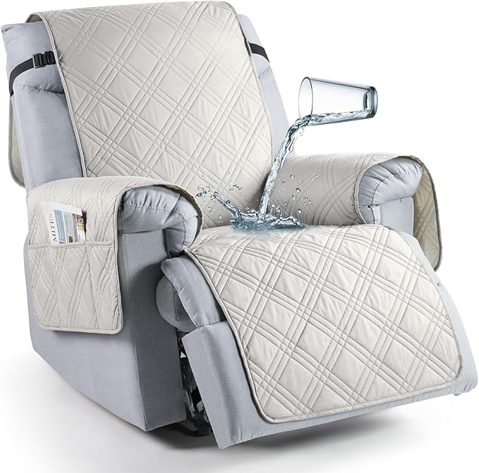 TAOCOCO 100% Waterproof Recliner Chair Covers, Non Slip Recliner Covers for Recliner Chair with Pocket, Washable Reclining Chair Cover Furniture Protector for Kids,Dogs(25'', Off White)