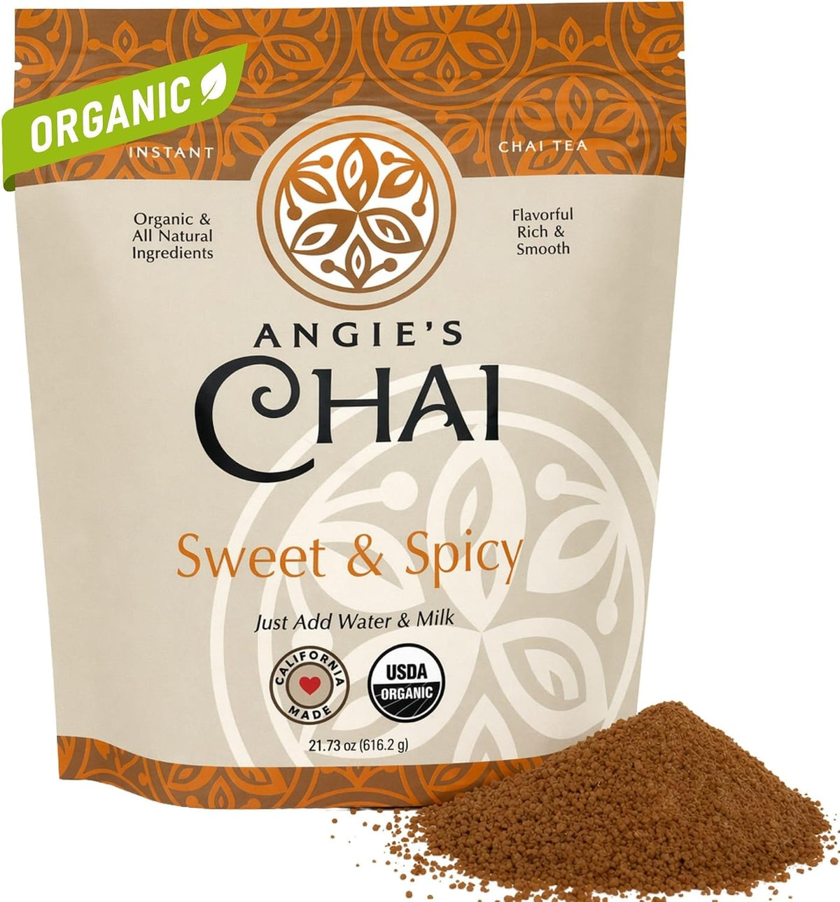 Angie's Chai Sweet & Spicy Organic Instant Chai Tea Powder - Made in USA, Delicious Spiced Mix, 30 Servings, 80 Calories, Handcrafted, Free of Artificial Ingredients, Natural Indian Spice, 12 oz