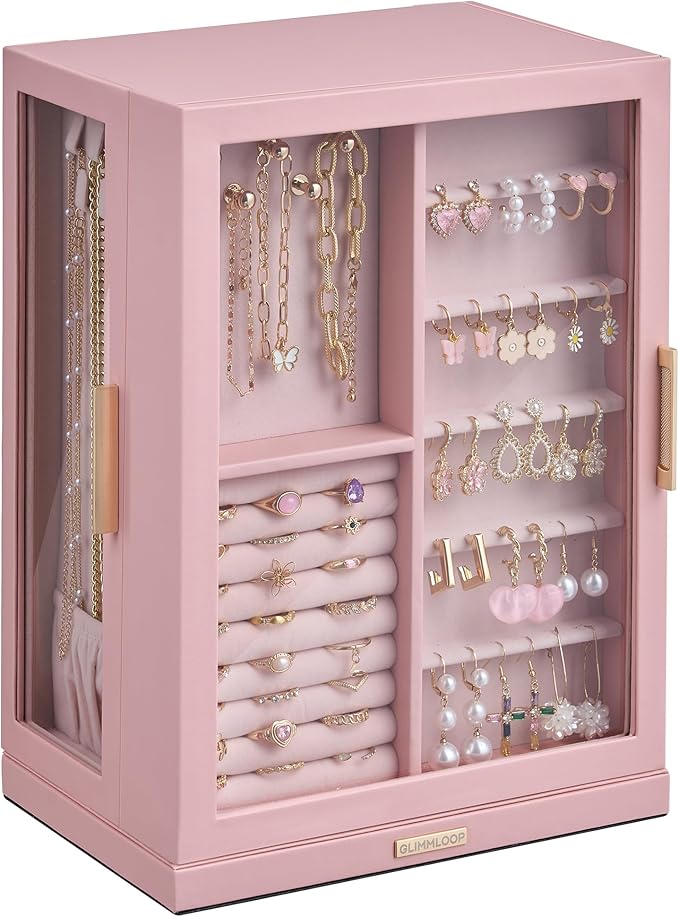 Glimmloop 360ÃÂ° Rotating Jewelry Box with 7 Drawers, Spacious Vertical Jewelry Organizer with Glass Window, Jewelry Storage Case, Dustproof & Moisture-resistant Design, Pink