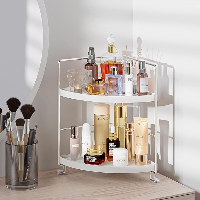2-Tier Bathroom Corner Counter Organizer, Makeup Storage Shelf Vanity Tray, Bathroom Sink Countertop Organizer, Silver
