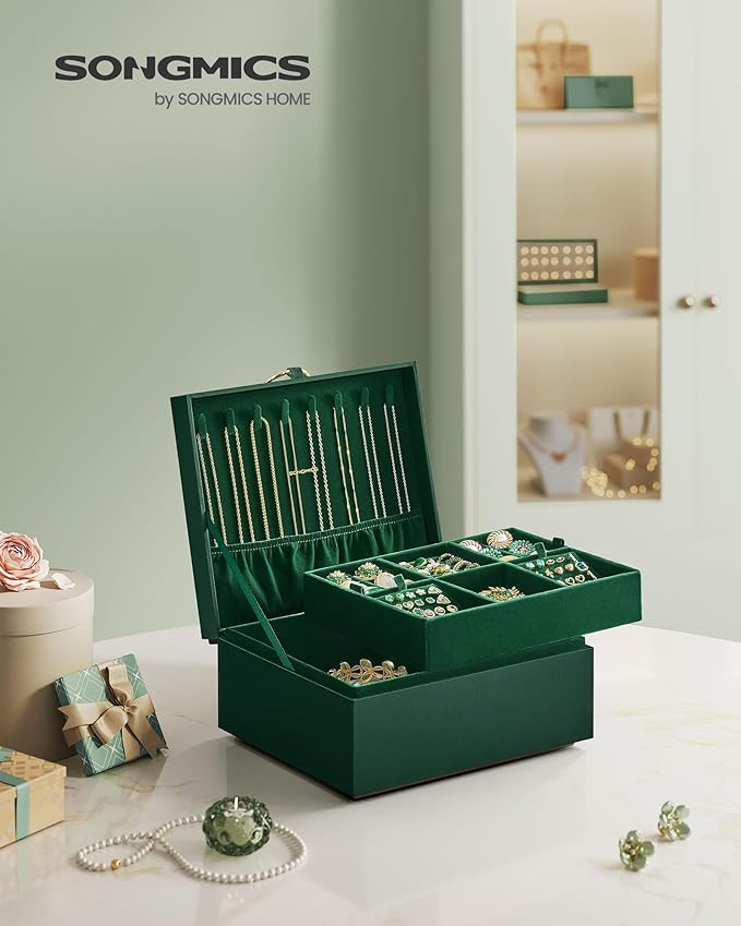 SONGMICS 2-Layer Jewelry Box, Jewelry Organizer with Handle, Removable Jewelry Tray, Jewelry Storage, Floating Effect, 8.1 x 9.4 x 4.3 Inches, Gift Idea, Forest Green UJBC165C01