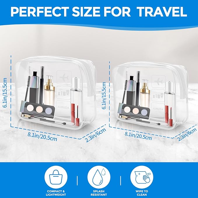 AURUZA 2 Pack Travel Toiletry Bag, Clear Makeup Bag, TSA Approved Cosmetic Bag with Zipper, Clear Organizer Carry on Bag for Women, PVC Cosmetic Pouch