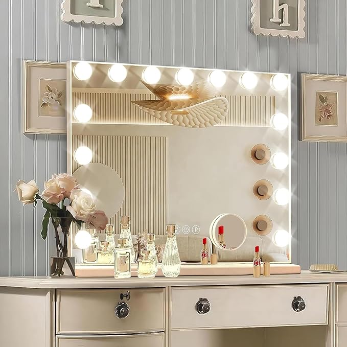 Hollywood Vanity Mirror with Lights, 15 Dimmable Bulbs, 3 Color Lights, Make Up Lighted Mirror, USB Charging Port, Valentines Day Gifts for Her, Gifts for Women Wife Teengirls（23" x 18"）