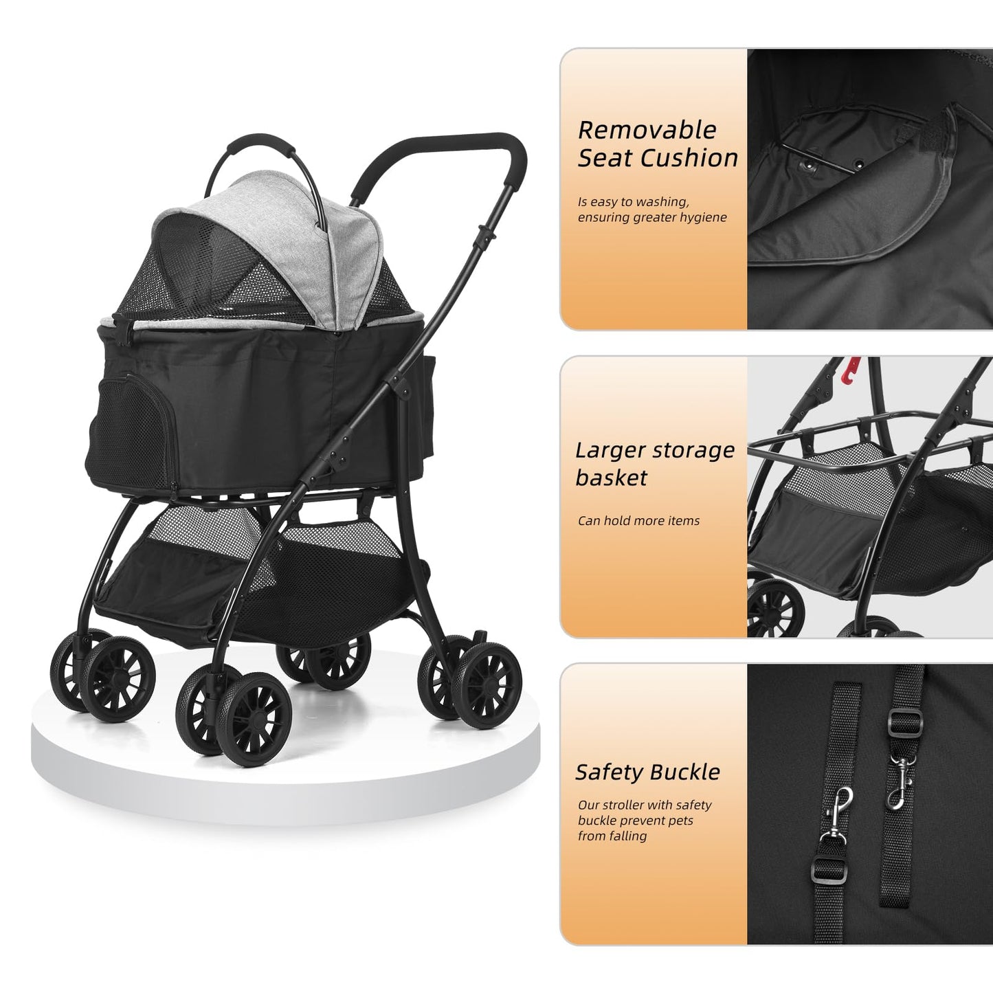COOLCRAB Pet Stroller Quickly Folds for Easy Storage Cat Stroller with Detachable Carrier Thickened Oxford Cloth Breathable Basket Dog Strollers for Small Dogs (Grey)